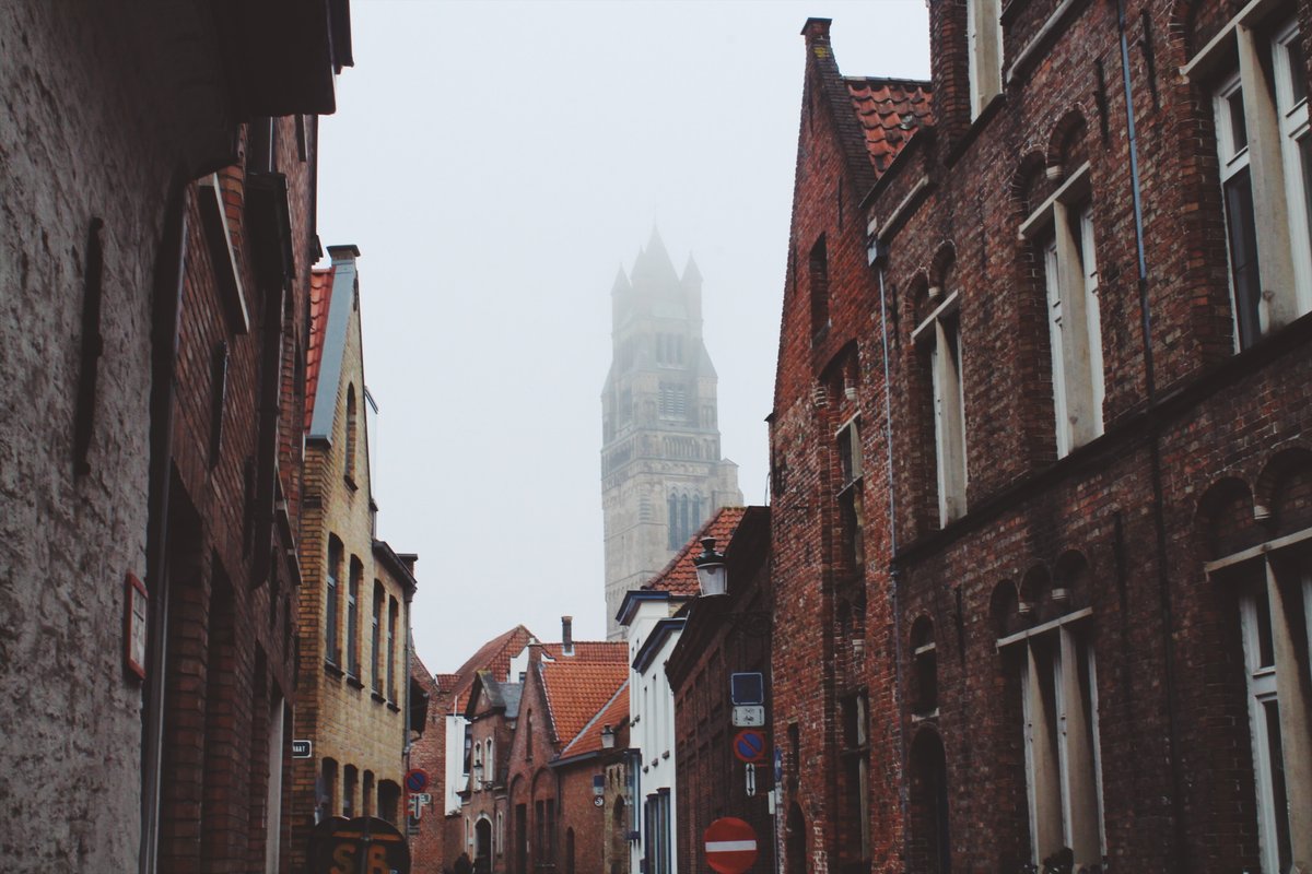 Rue bordée de maisons de briques à Bruges, une haute tour noyée dans la brume au fond