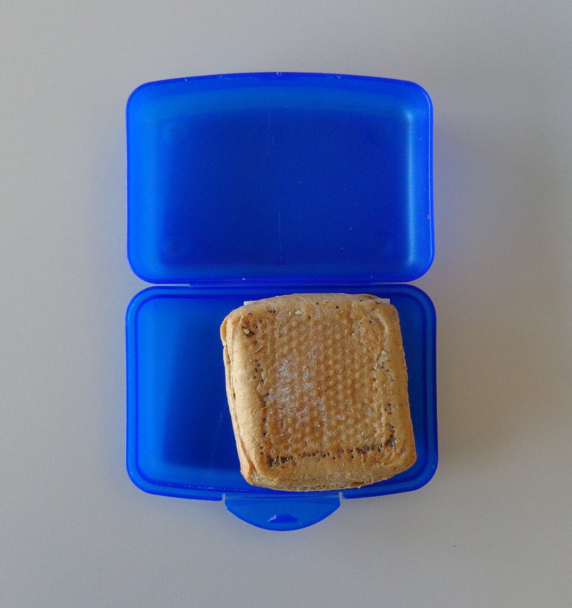 Boîte à tartines bleue ouverte, avec une tartine posée à l’intérieur